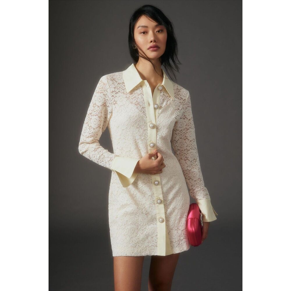 Corey Lynn Calter Ivory Lace Shirt Dress Pearl Long Sleeve Romantic Vintage L